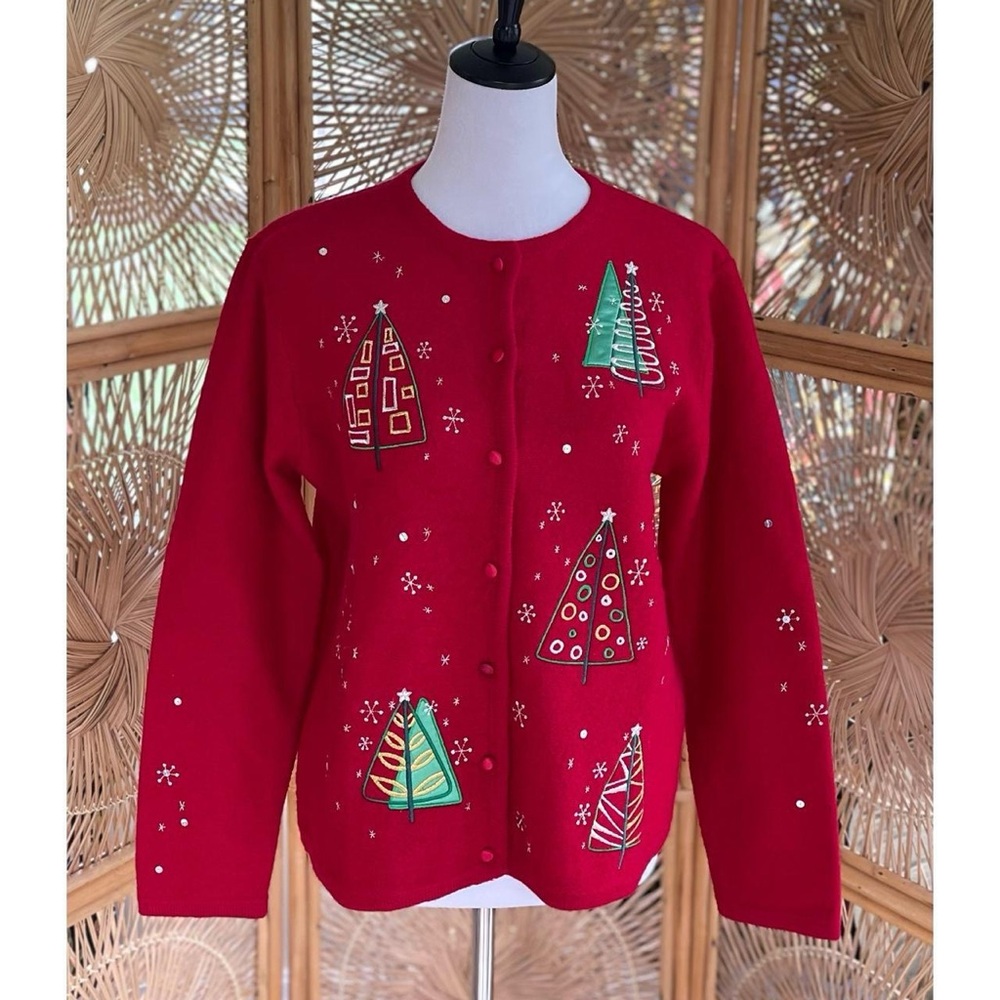 Vintage Karen Scott Sport Wool Red Embroidered Christmas Tree Cardigan - Picture 2 of 6